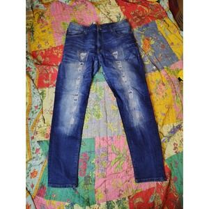 Akademics Jeanius Jeans 36x32 Blue Patches Skater Streetwear Straight Y2K